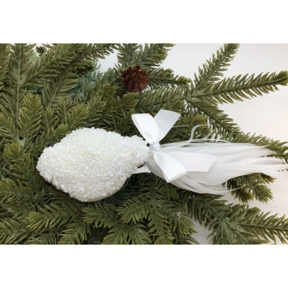 2 Songbirds White Glass Beaded Clip On Christmas Tree Ornaments Bright - Picture 8 of 8